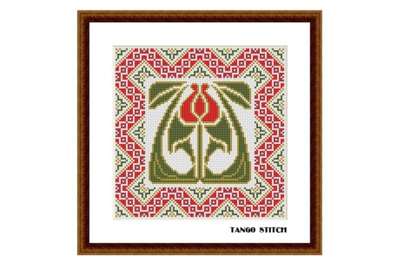 Red Art Nouveau Flower Easy Cross Stitch